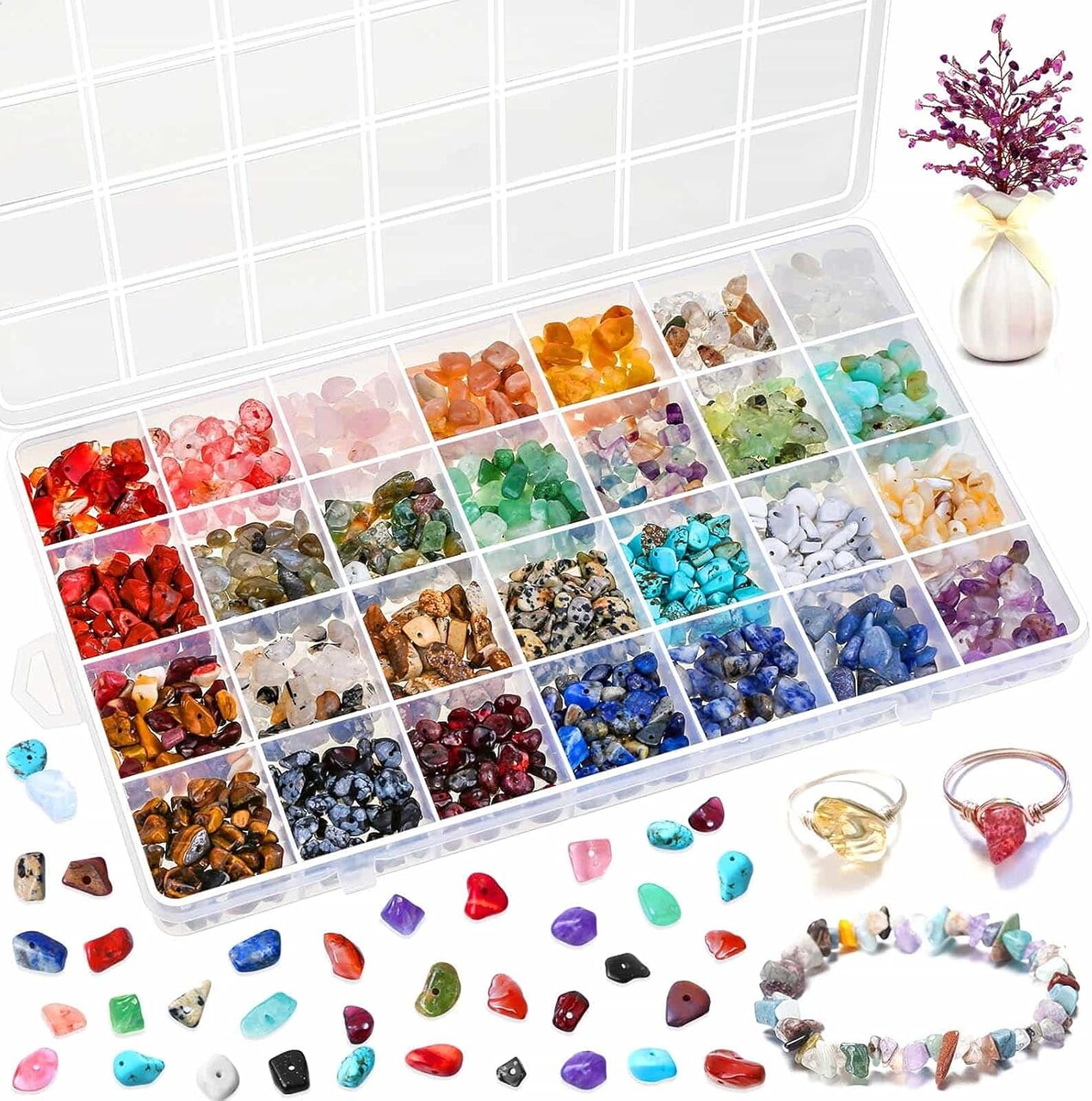 Crystal Chip Beads for Jewelry Making – 28 Colors Gemstone Beads for Rings, Bracelets & Earrings with 28-Grid Storage Box